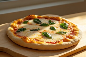 food photography, a traditional margherita pizza on a wooden board in a sunlit room, commemorating national pizza day with fresh ingredients and herbs