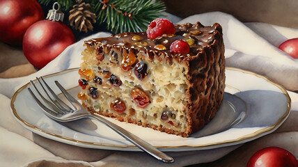 Delicious slice of Christmas fruitcake on a plate, garnished with raspberries and pistachios, next to ornaments and pine.