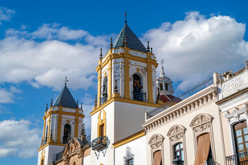 Perspective view of the towers of the parish of Nuestra Señora del Rosario de Ronda, Malaga, Andalusia, Spain