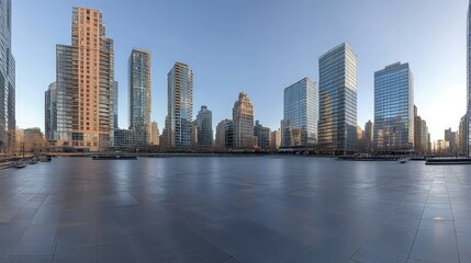 Obraz premium A wide-angle view of an empty square floor with towering glass skyscrapers in the background under a clear sky
