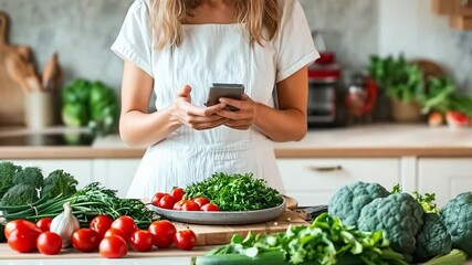 Cooking enthusiast lady prepares fresh ingredients in a modern kitchen while checking her phone for recipes