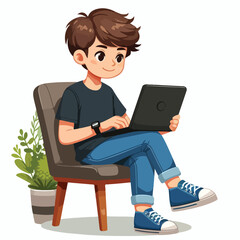 a boy is using his laptop vector