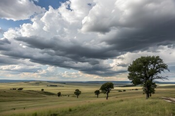 Obraz premium Dramatic Cloudy Sky Over Vast Plains and Rolling Landscape