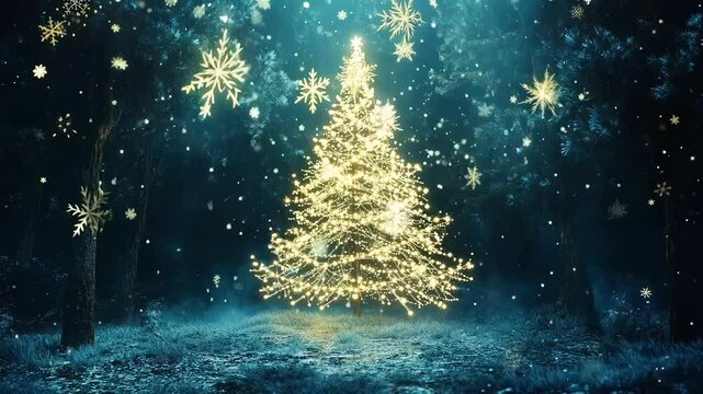 Fantasy Forest Christmas Tree Explodes into Snow and Glowing Light. Looping. Animated Background / Wallpaper. VJ / Vtuber / Streamer Backdrop. Seamless Loop.