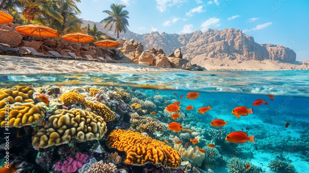 Poster Beneath the clear waters, colorful coral formations and schools of lively fish create an underwater paradise, while swaying palm trees bask in sunlight above a tranquil beach