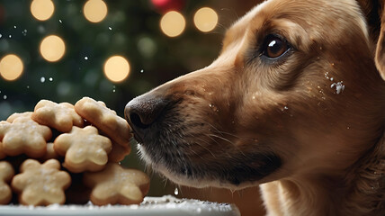 Dog looking at Christmas cookies with snow falling.