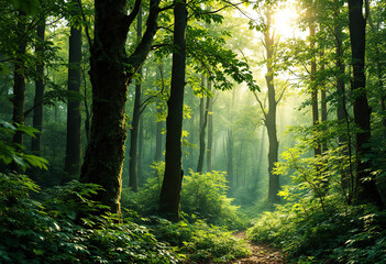 Obraz premium A dense, lush green forest with tall trees and a thick undergrowth of foliage. The sunlight filters through the canopy, creating a warm, vibrant atmosphere.