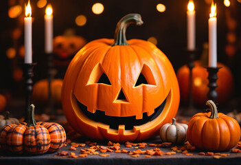 Fototapeta premium a festive Halloween setting with a large, carved pumpkin in the center.