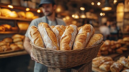 A warm bakery showcases a basket filled with golden loaves of bread, while a baker stands in the background, creating an inviting atmosphere for customers to enjoy.