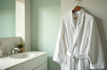White cotton bathrobe hang hanger bright bathroom, light interior. AI Generative