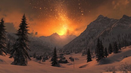 Fototapeta premium Beautiful Sunrise Over Snow-Capped Mountains with Starry Sky and Pine Forest