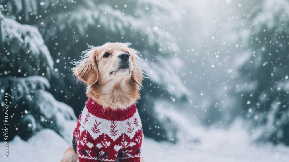 Poster a cute dog in a colorful winter sweater sits in a snowy landscape, surrounded by soft snowflakes and