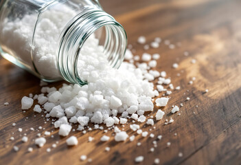 A glass jar filled with white crystalline rock salt spilled out onto a wooden surface