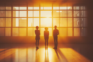 Silhouettes against the sunset in a large windowed room. Generative AI