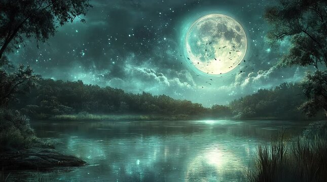 Serene lake under the full moon with glowing reflections in a tranquil night sky  
Seamless looping 4k time-lapse virtual video animation Generated AI