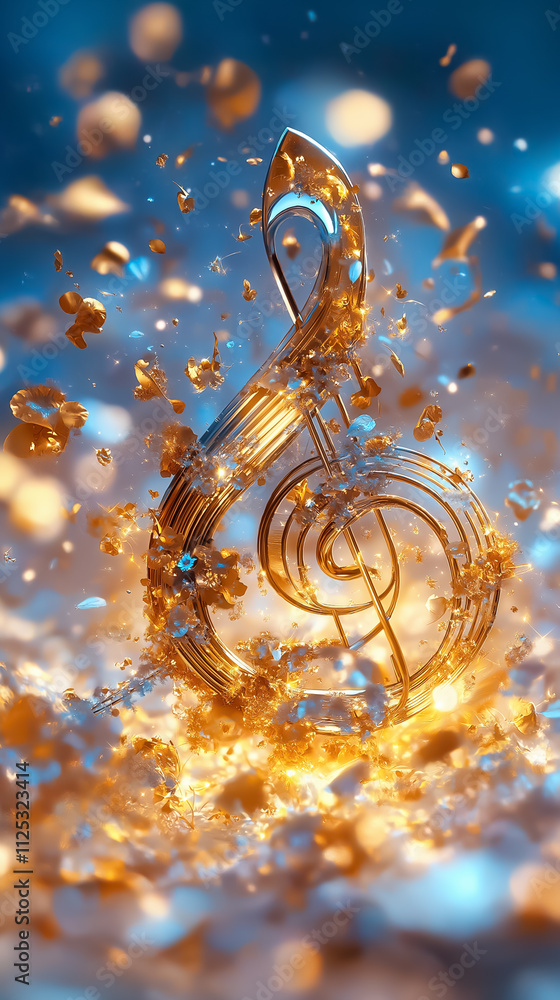 Poster musical notes swirl and shimmer, creating a romantic atmosphere filled with golden sparkles in a whi