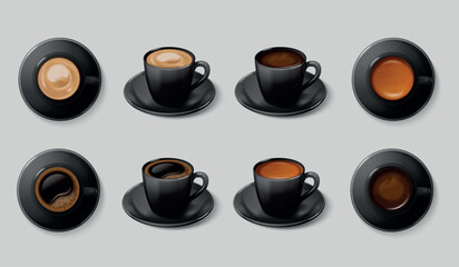 Realistic coffee black cups. Americano porcelain mug, ceramic cup on saucer cappuccino hot coffe drink cocoa espresso mocha latte 3d caffeine mugs mockup exact vector illustration