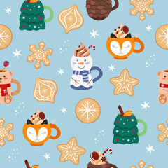 Fototapeta premium Christmas seamless pattern with cute cups with drinks, gingerbread cookies. Cute vector illustration