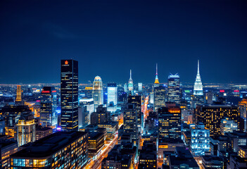 A modern city skyline at night, with tall skyscrapers and high-rise buildings illuminated against a dark blue sky