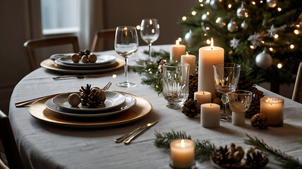 Elegant Christmas dinner table setting with candles, pine cones, and festive decor.
