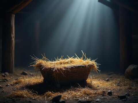 Empty manger with golden straw illuminated by soft light beams in a rustic barn setting