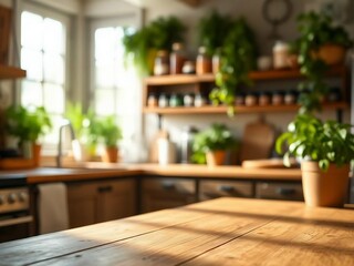 Green Empty wooden table with the bright white interior of the kitchen as a blurred background behind the bokeh golden Sunshine.