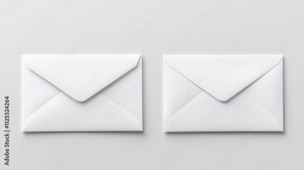 Poster flat lay of two envelopes, one open and one closed, placed on a white surface with space for text