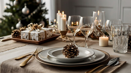 Elegant Christmas table setting with gold cutlery, candles, and pine cones.