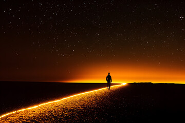 Fototapeta premium Silhouette walking on a glowing golden path under a starry sky and dramatic orange horizon, symbolizing mystery, exploration, and cosmic beauty in a surreal nightscape