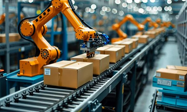 Robotic arm sorting cardboard boxes on a conveyor belt in a warehouse.