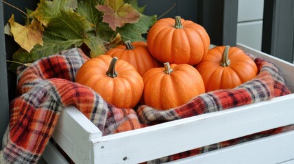 Bright orange pumpkins on a white crate, with a cozy plaid blanket draped over one corner
