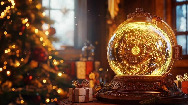 Steampunk Snow Globe in Cozy Christmas Scene. Looping. Animated Background / Wallpaper. VJ / Vtuber / Streamer Backdrop. Seamless Loop.
