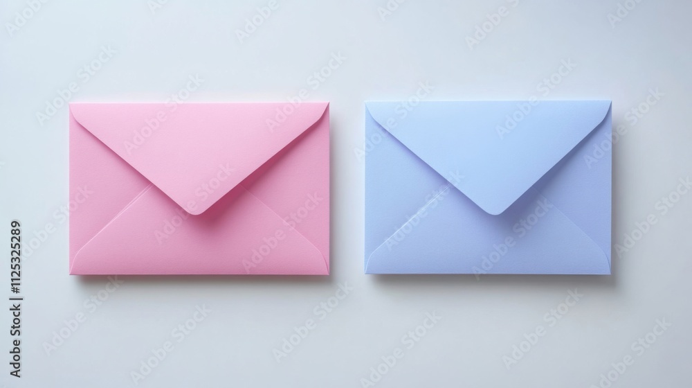Poster flat lay of two envelopes, one open and one closed, placed on a white surface with space for text