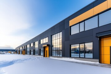 Fototapeta premium Minimalist black warehouse building with industrial design in serene winter setting featuring large windows and a smooth concrete courtyard