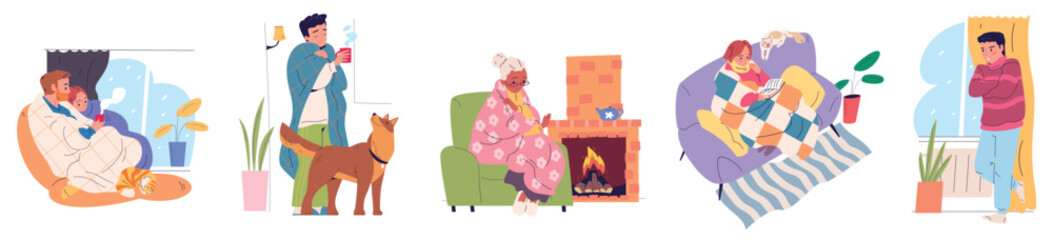 Freezing home people. Family shivering from cold in house, sick woman in warm clothes and man covered blanket or furnace plaid warming fireplace, classy winter vector illustration