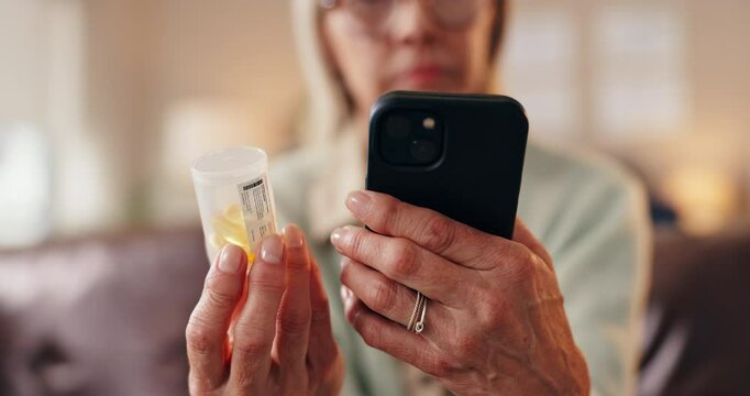 Senior woman, phone and hands for pills in home, search side effects and online for drug info. Elderly person, tablet container and pharmacy website for dosage instructions, check label and advice
