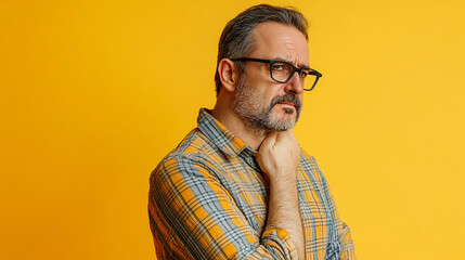 Fototapeta premium Casual mature man with shoulder pain in a yellow background, grabbing his arm in discomfort