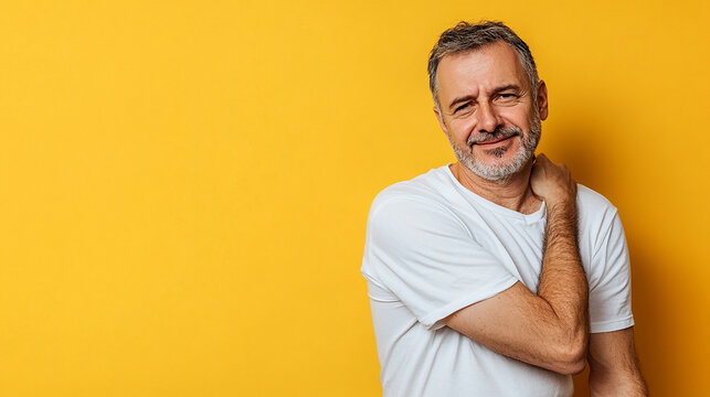Casual older man with shoulder pain wearing white t-shirt isolated on a bright yellow background - Powered by Adobe