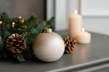 holiday decor display, antique christmas ornaments on a classic sideboard in a cozy farmhouse, accompanied by festive greenery and soft candlelight
