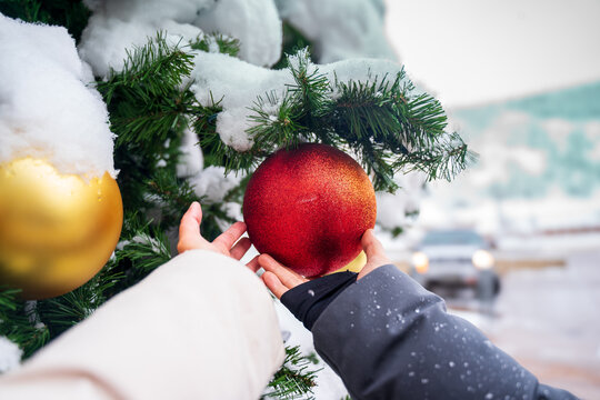 Background of a lovely moment of couple hands holding a christmas ball. Snow frost crammed on pine pruce. A nice setting to welcome marriage life in winter, Christmas, New Year's, and the holidays. 