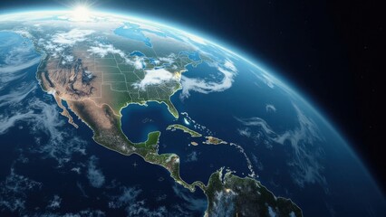 The planet Earth is showcased from space, highlighting North America, the Caribbean, and parts of the Atlantic Ocean under bright sunlight, with clouds and land visible.