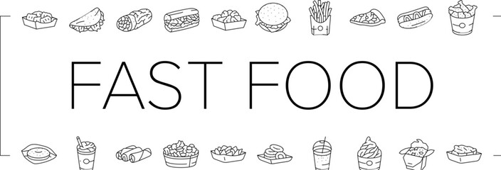 fast food burger hamburger pizza icons set vector. sandwich, meal lunch, drink snack, soda eat unhealthy, restaurant donut, junk taco fast food burger hamburger pizza black contour illustrations