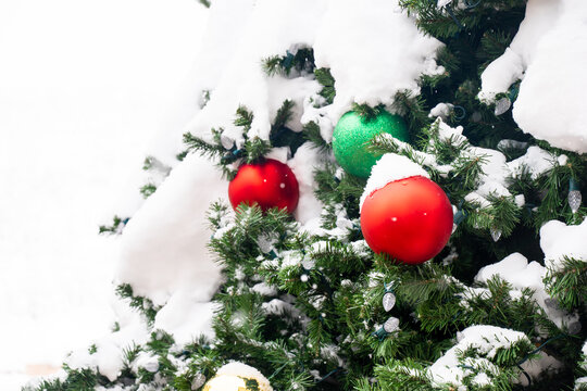 Background of a lovely moment of snow frost crammed on pine needles or lights. A nice setting to welcome winter, Christmas, New Year's, and the holidays. Ideas for creating wallpaper, greeting cards
