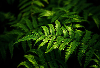 Green fern leaves in a lush, natural environment