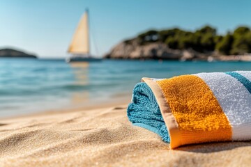 summer beach scene, lively beach scene with colorful towels on golden sand, serene ocean, sailboats in the distance, and a bright sun overhead