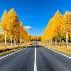 Fototapeta premium Golden Road to Autumn: A winding asphalt road stretches into a vibrant tapestry of golden birch trees, their leaves ablaze against a cloudless blue sky.