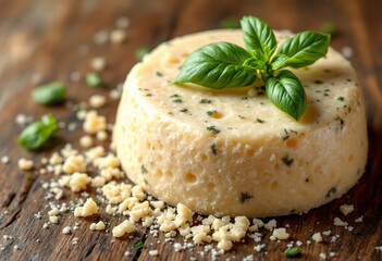 Parmesan cheese with basil leaves on the wood background