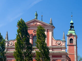 Red and pink Franciscan church top, Ljubljana, Slovenia