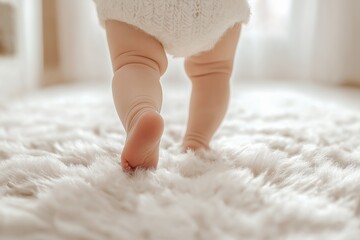 Baby's first steps on soft fluffy carpet: tender moments of early childhood exploration