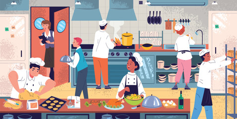 Restaurant kitchen staff. Commercial catering service professional cook team prepares food dishes, restaurants industry people working cooker interior, classy vector illustration